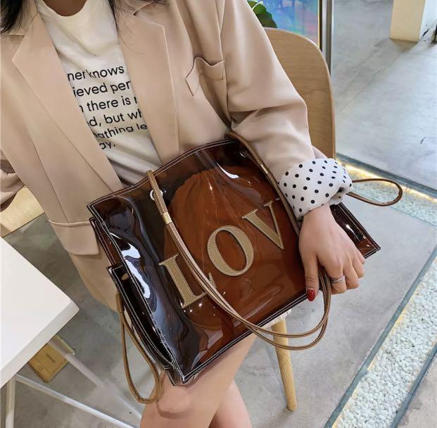 Women Fashion Transparent PVC Handbag Female Clear Brown Shoulder Bag LOVE  Letter Printing Tote Bags Summer Beach Handbags XA813