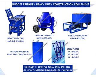 HEAVY DUTY CONSTRUCTION EQUIPMENT - FABRICATION (Mortar Mixer, 1 Bagger Concrete Mixer, CHB Machine)