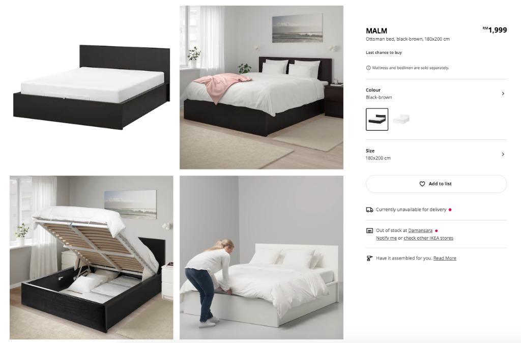 IKEA MALM Ottoman Bed Black Brown 180 x 200cm King Size Frame