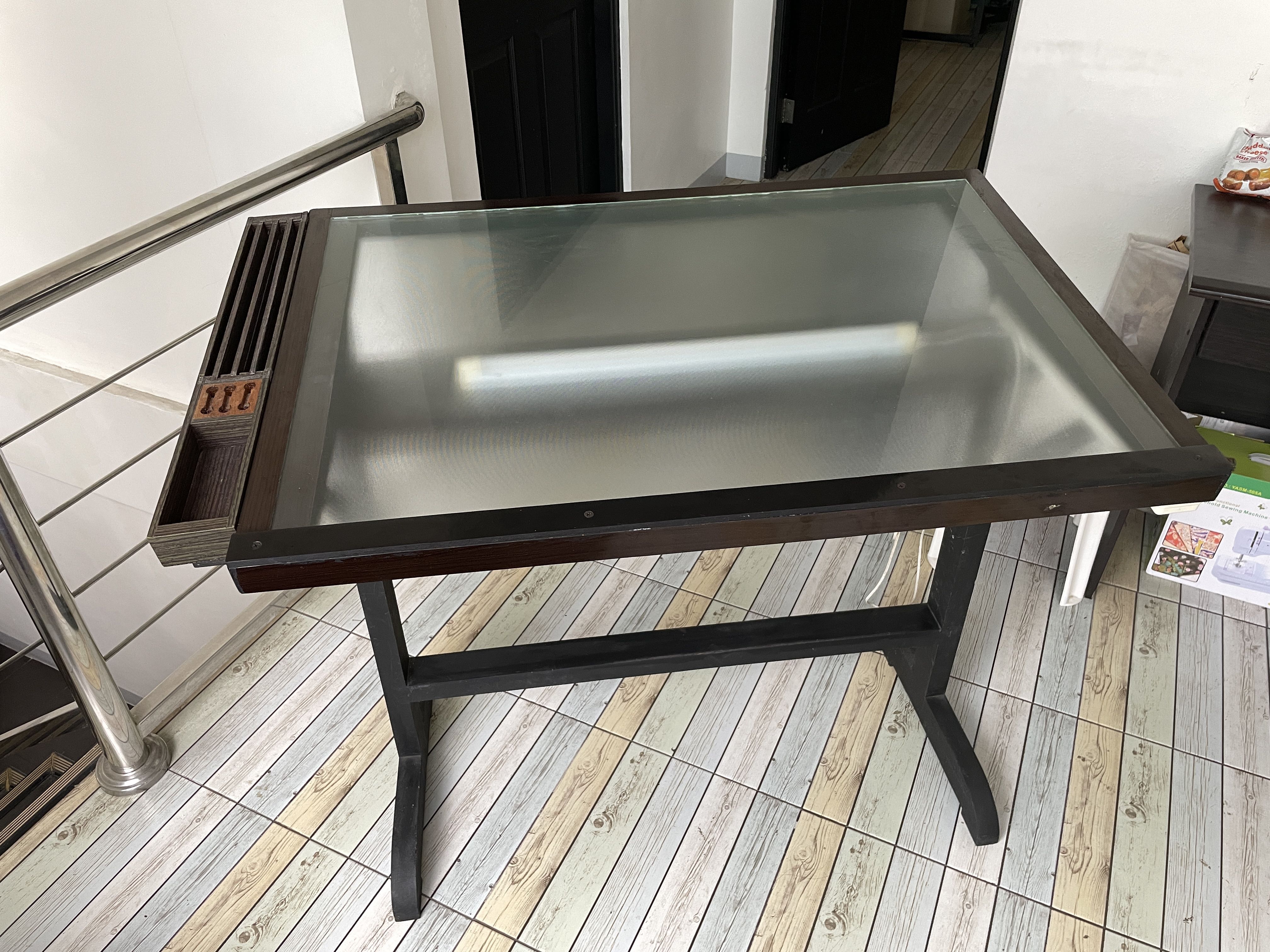 Glass drafting table shop with light