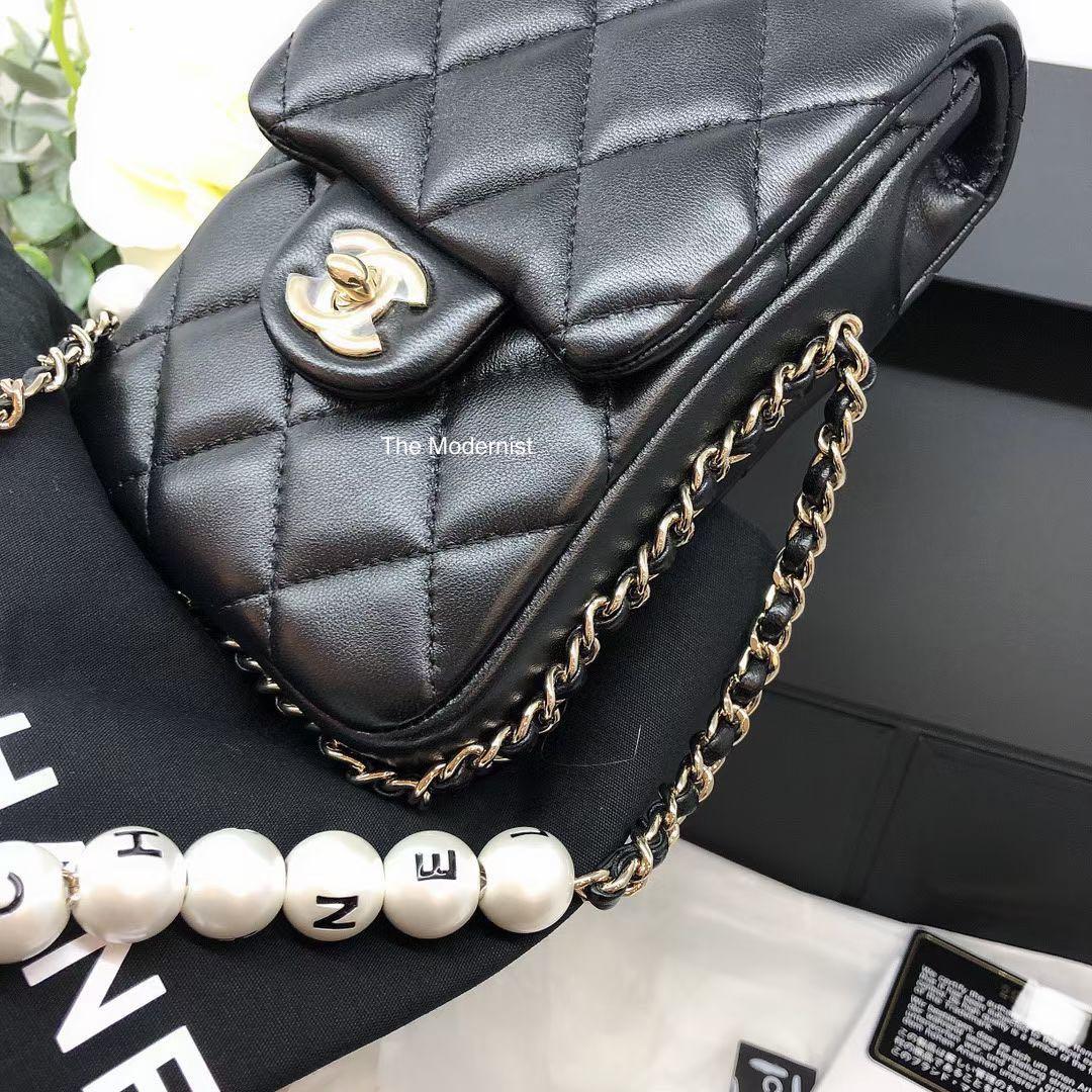 Authentic Chanel Giant Logo Pearl Phone Bag Black Quilted Lambskin Gold ...