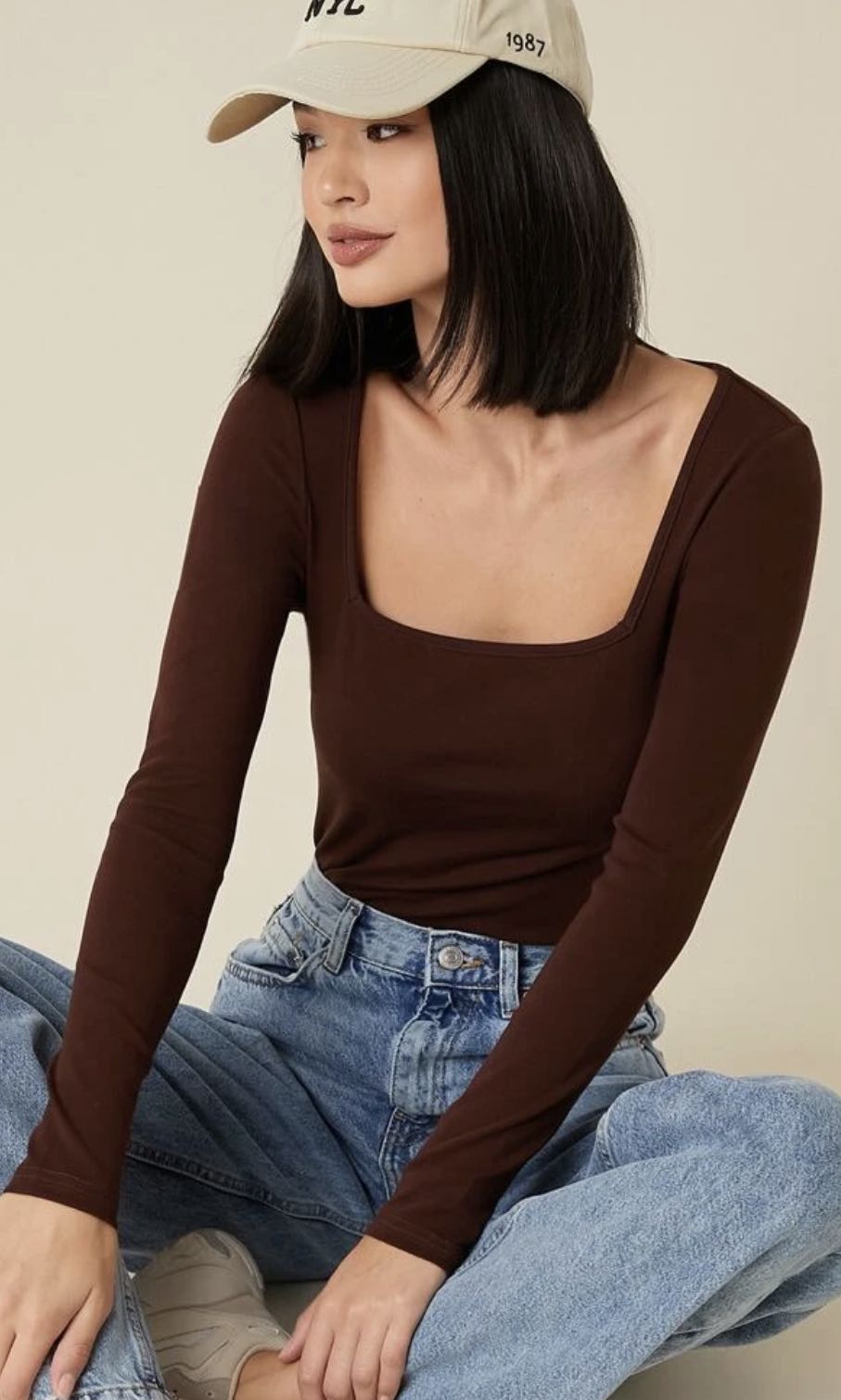 brown square neck top, Women's Fashion, Tops, Longsleeves on Carousell