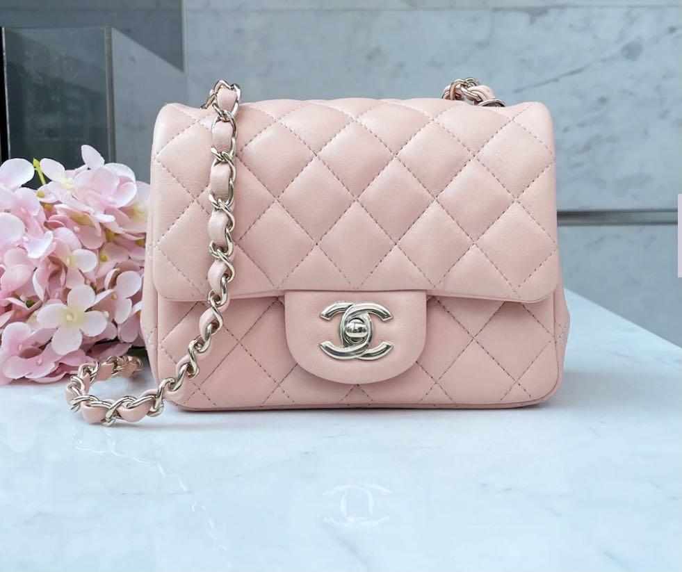 Chanel bag mini square lamb skin , like new in light pink / beige with  light gold hardware