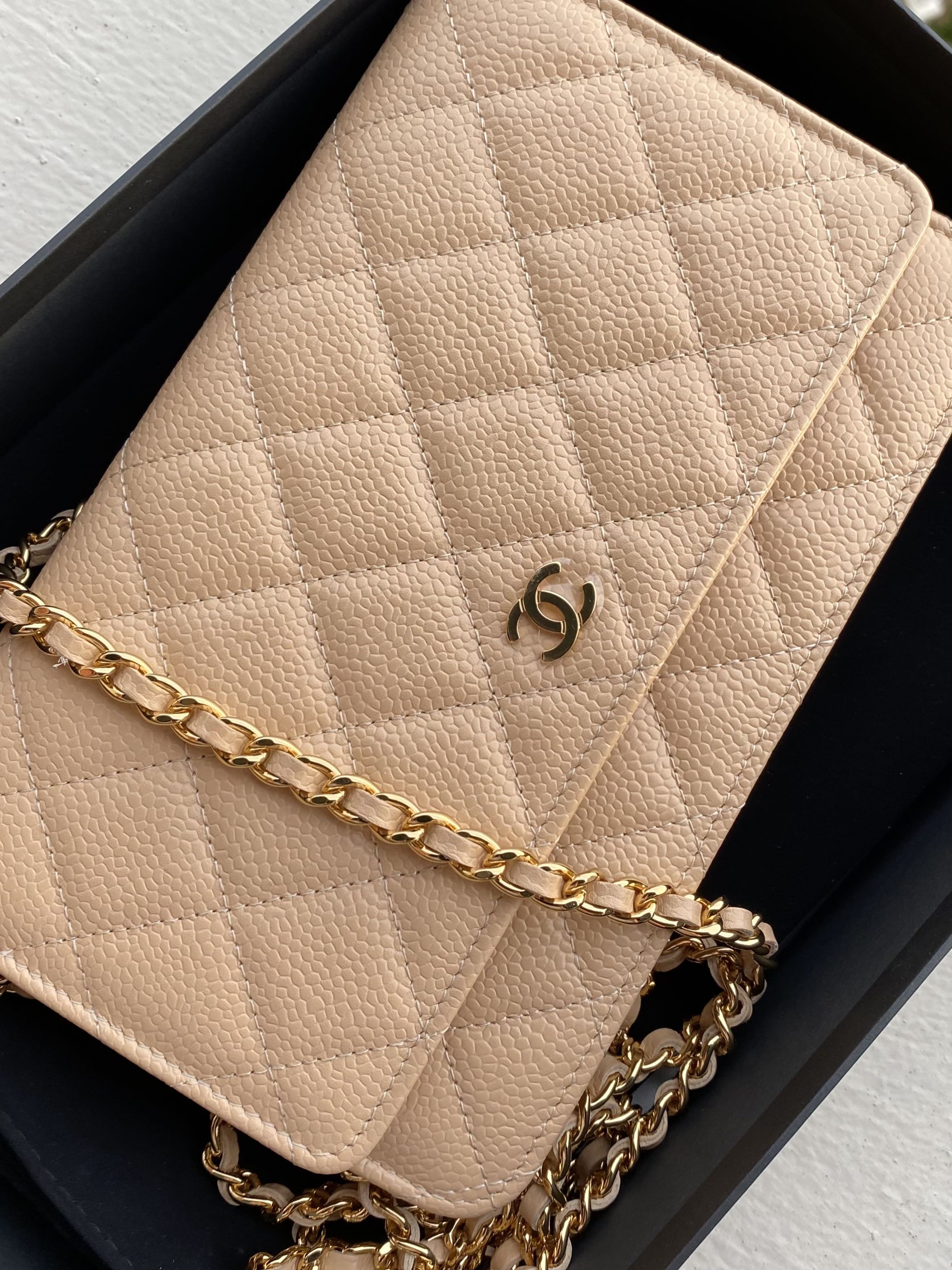 New Box CHANEL Wallet on Chain Caviar Leather Beige WOC Bag Gold MICRO CHIP