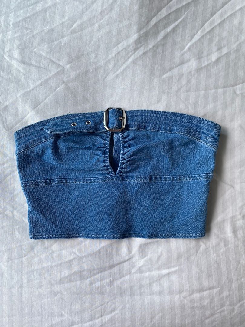 Denim Buckle Cut Out Top, Women's 