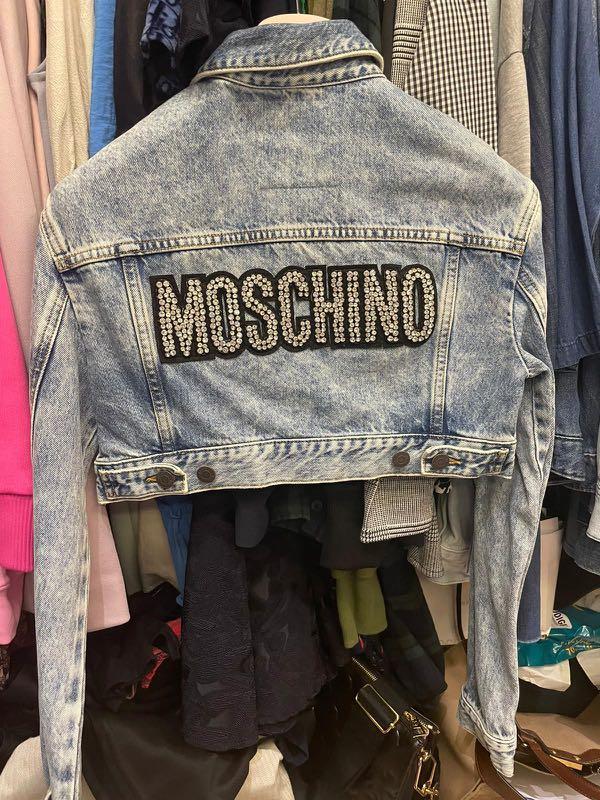 Moschino x H M denim cropped jacket with embellished logo Women s