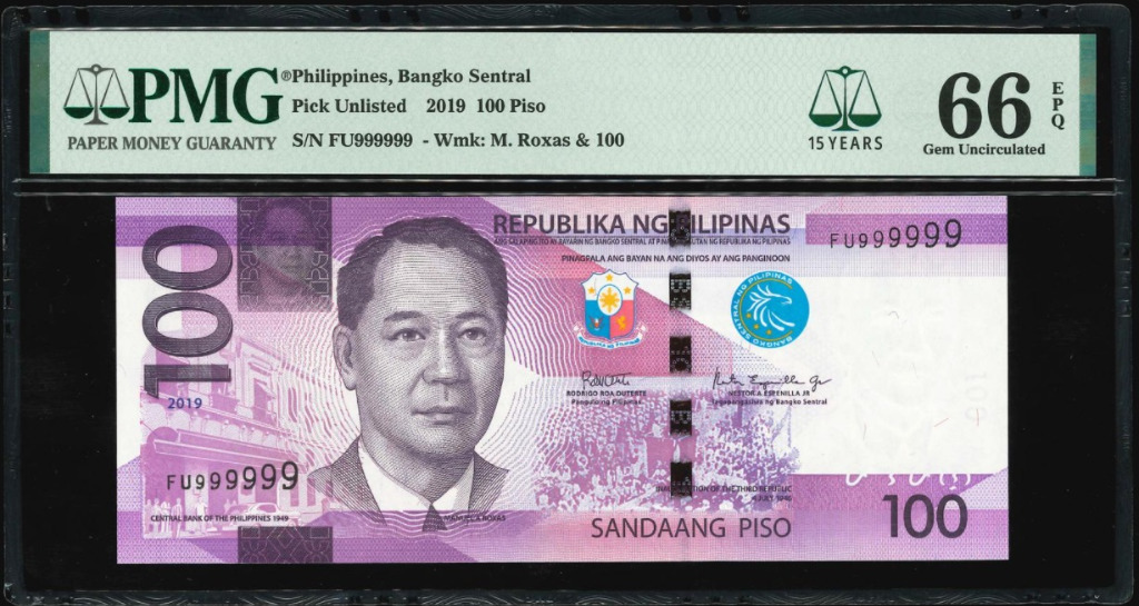 Nice Solid Number ～Philippines, 2019, 100 Piso, S/N. FU 999999, Solid ...