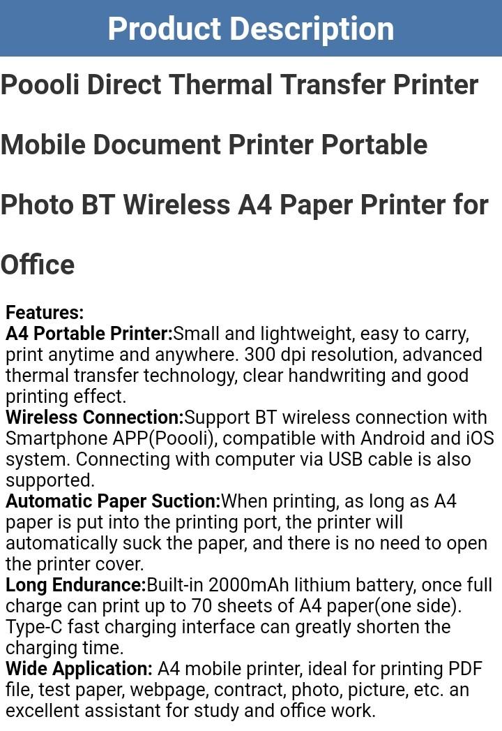 Poooli A4 Paper Printer, 300dpi Wireless Portable Printer with