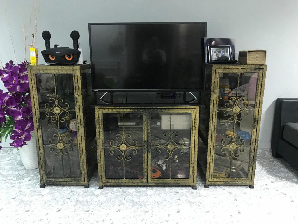 WROUGHT IRON WITH GLASS PANELS TV CONSOLE, Furniture & Home Living