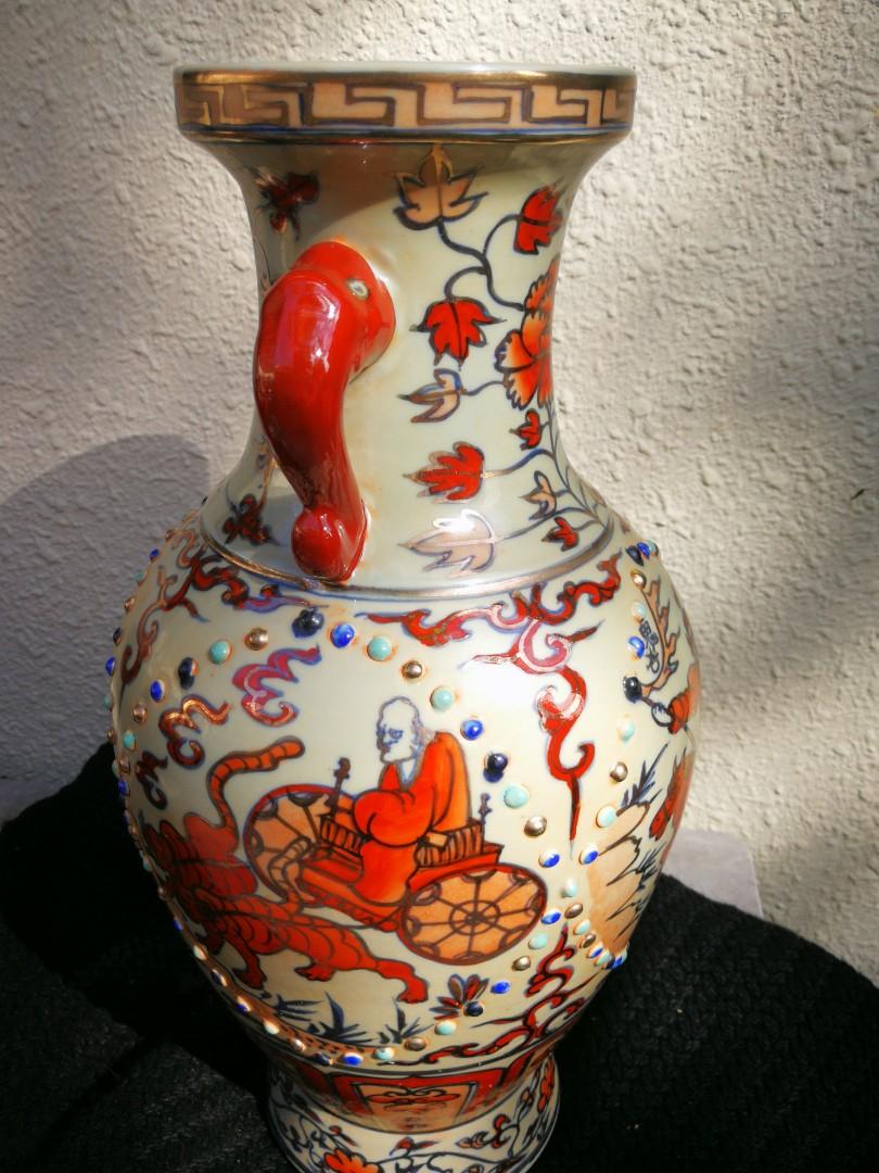 中国　五彩　彫刻　花瓶　アンティーク　骨董　古美術