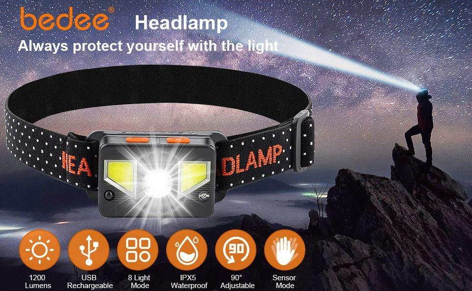 bedee LED Head Torch, USB Rechargeable Headlamp, Super Bright 1000 Lumens  COB LED Head Torch Rechargeable, Lighting Modes, IPX5 Waterproof Headlight  for Kids Adults Camping Running Fishing, Sports Equipment, Hiking 