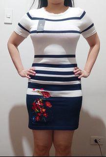 Dress Short Sleeves White Black Stripes