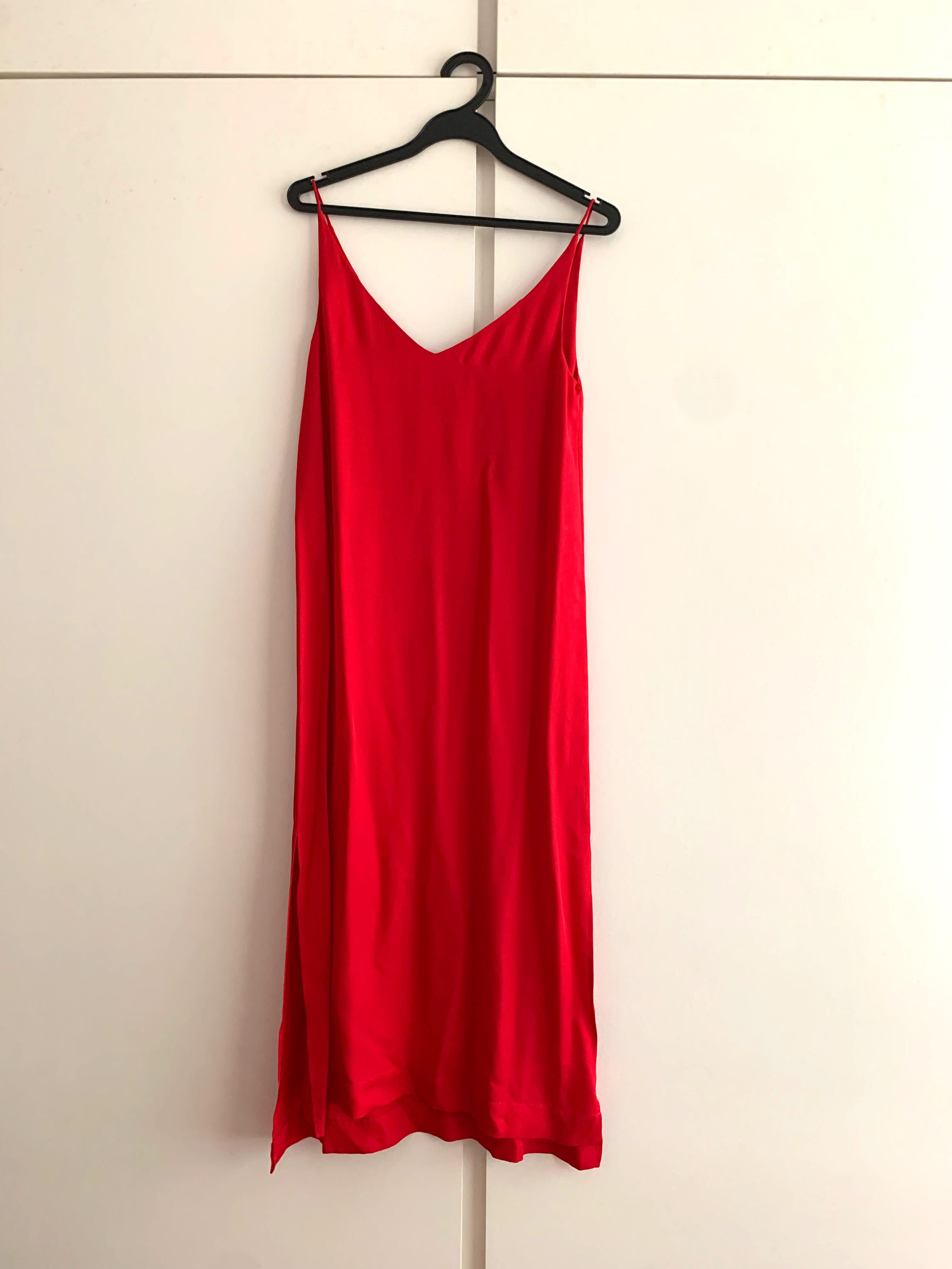 grana red silk v neck slip dress