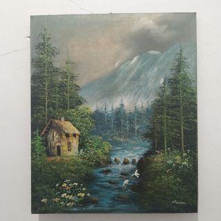 Lukisan Kanvas Pemandangan Gunung Sungai ukuran 50 x 60 cm