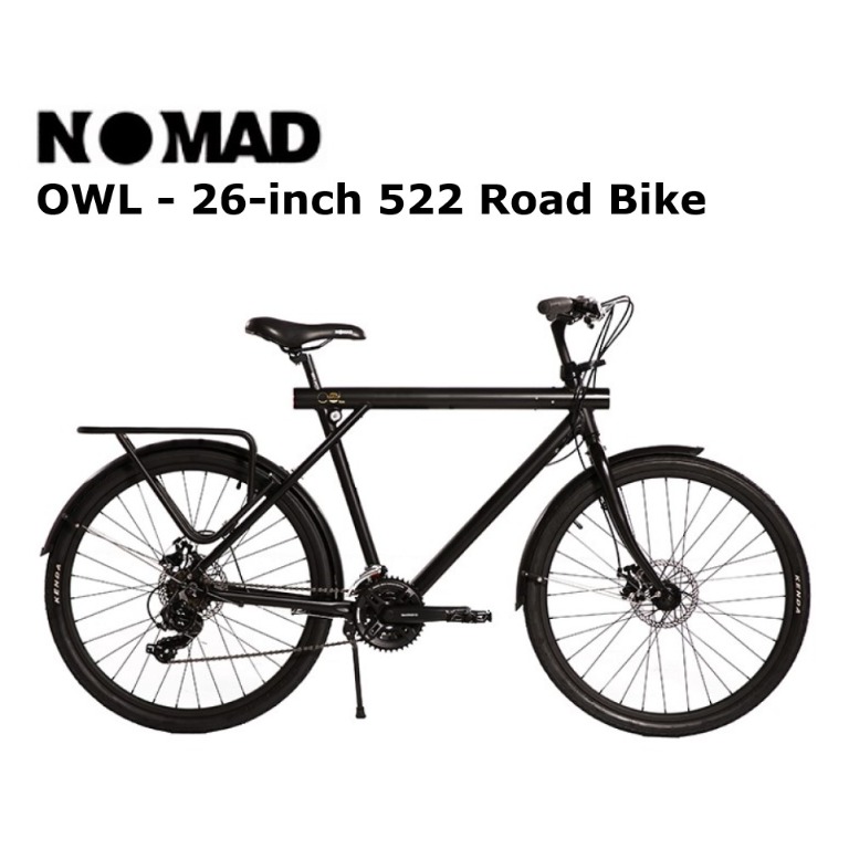 SALE NOMAD OWL 26 x 2.00 Road City Bike Shimano 3 x 9 speed 27 speed Rear Rack Integrated Rechargeable Front Rear Light Disc Brake Matte Black