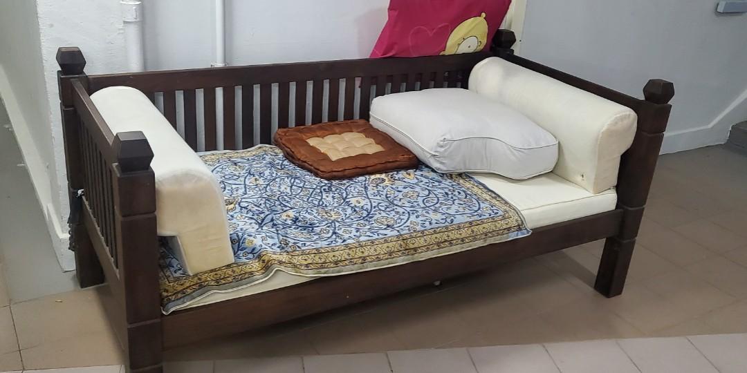 Teak wood sofa bed, Furniture & Home Living, Furniture, Bed Frames & Mattresses on Carousell