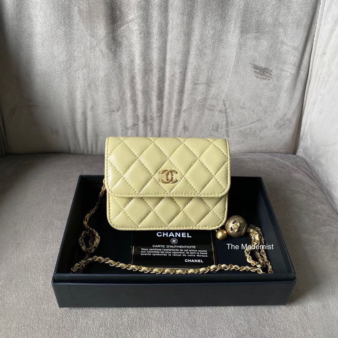 Authentic Chanel Gold Pearl Crush Pastel Yellow Chain Belt Bag