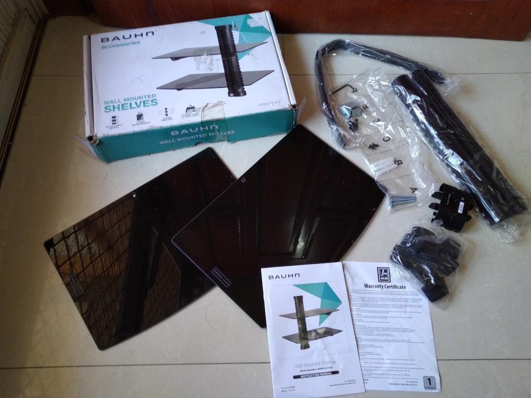 BAUHN Wall Mounted Shelves (Category: Home Improvement Tools & Accessories) located in Las Pinas. Submitted by etoksi1234 (Listing ID 1116713981, Image 1). Description: * Brandnew * Display Unit * Adjustable height * Cable management * Double glass shelves * Max load per shelf 10kg.