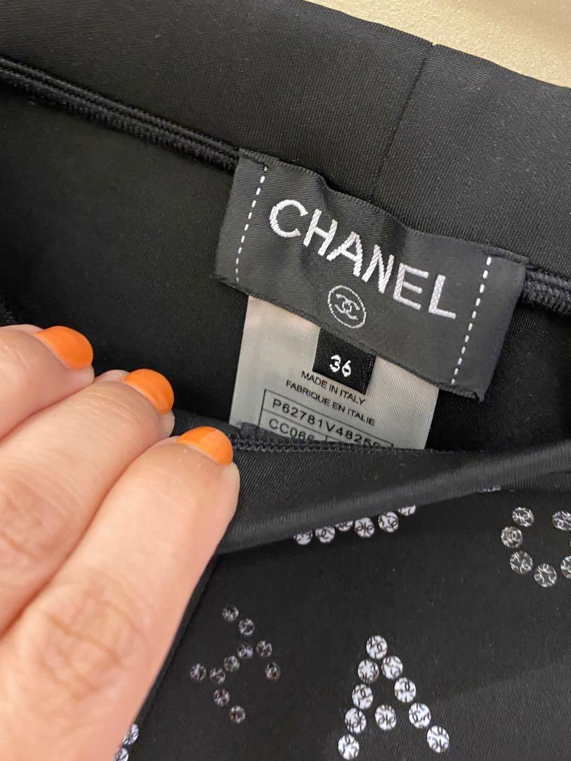 CHANEL Nylon Mesh Sequin Leggings Bottoms Fishnet Logo Legwear black M