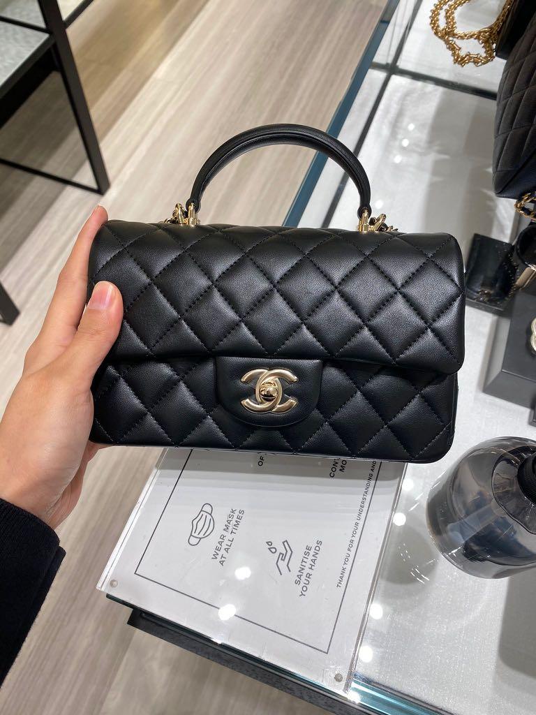 Chanel top handle mini black lambskin 21K, Women's Fashion, Bags & Wallets,  Cross-body Bags on Carousell