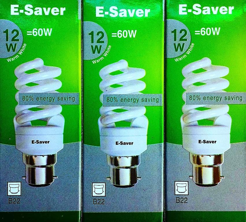 E-Saver - CFL Full Spiral - Saving Light Bulbs - 12W = 60 Watt - (Pack of 3) - White 2700k - Bayonet Cap (BC- B22- B22d [Energy Class A],