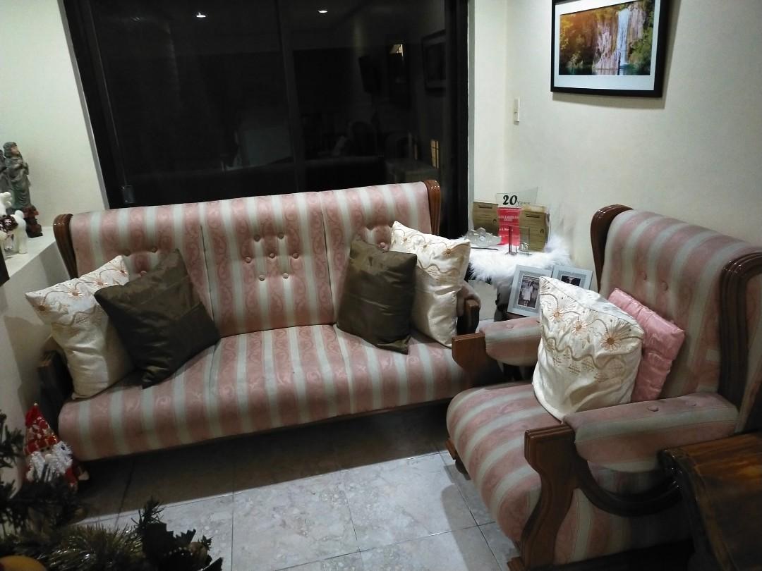 Narra Sofa Set (Category: Sofas) located in Santa Rosa. Submitted by remini88 (Listing ID 1116772725, Image 1). Description: This is real narra. Bought at 150k. open for negotiations. chat me😊 can be picked up at sta. rosa laguna Inclusive: one long 4 seater sofa & two 1 seater chair RFS: decluttering Flaws: -For reupholstering (with stains on fabric) -1 chair has detached arm rest as seen on last photo.