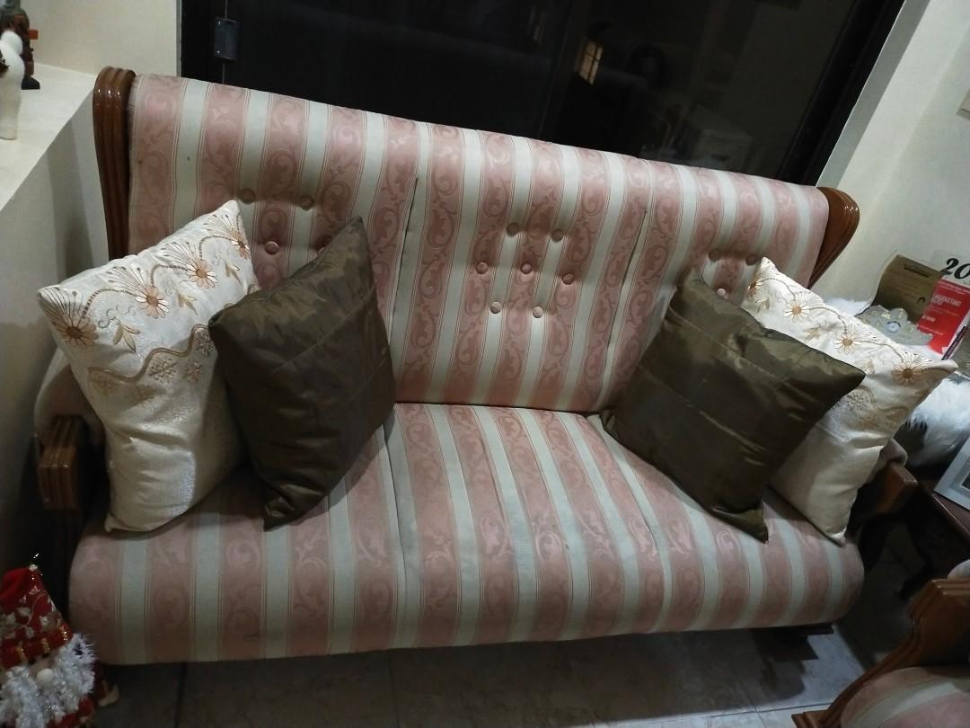 Narra Sofa Set (Category: Sofas) located in Santa Rosa. Submitted by remini88 (Listing ID 1116772725, Image 2). Description: This is real narra. Bought at 150k. open for negotiations. chat me😊 can be picked up at sta. rosa laguna Inclusive: one long 4 seater sofa & two 1 seater chair RFS: decluttering Flaws: -For reupholstering (with stains on fabric) -1 chair has detached arm rest as seen on last photo.