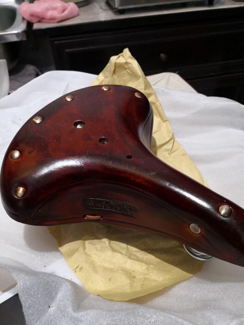 New vintage bicycle genuine leather bicycle saddle seat brown red wine with suspension aukmont not brooks bike Sports Equipment Bicycles Parts Parts Accessories on Carousell