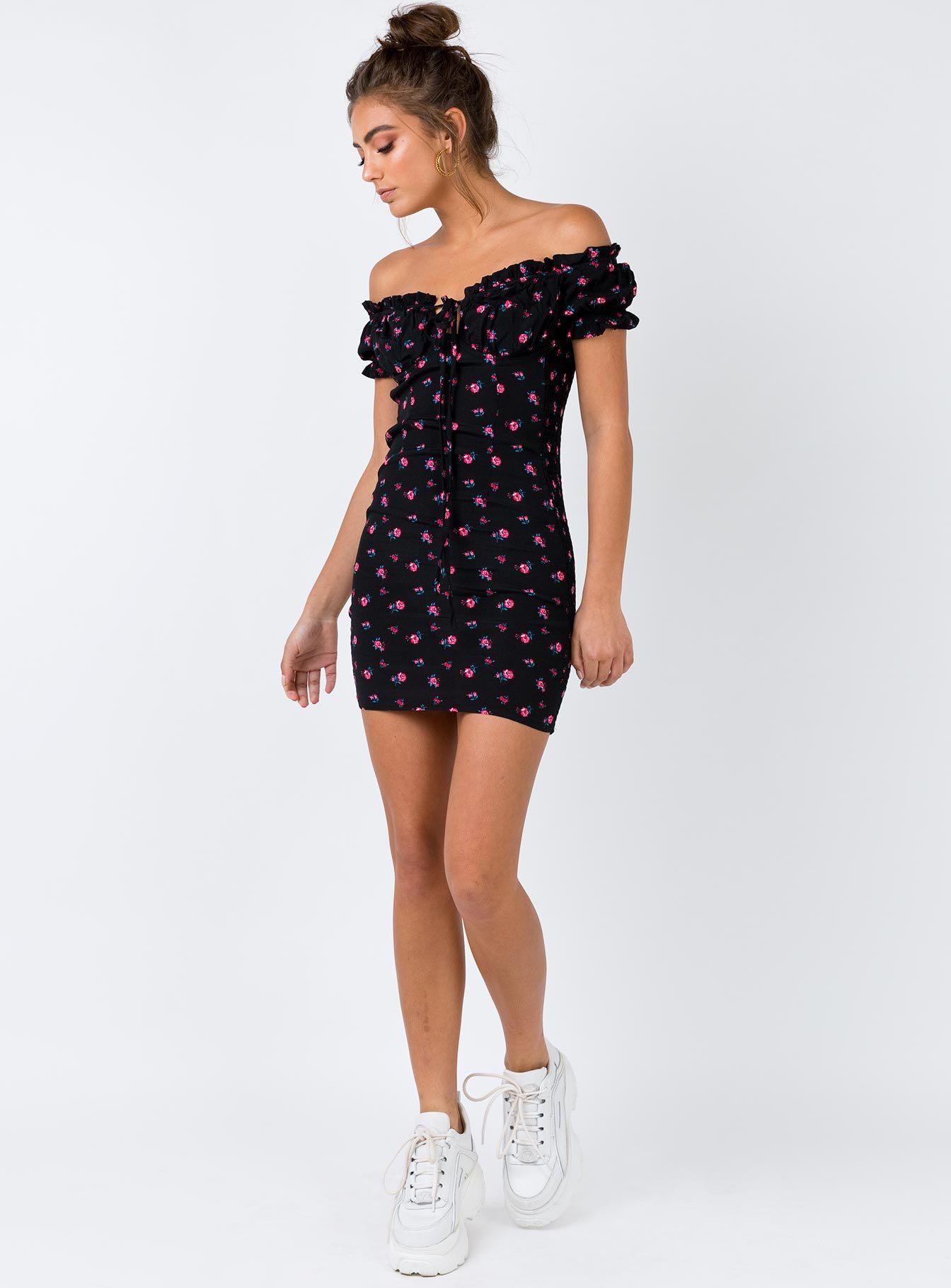 princess Polly black pink flowers bodycon tie front Gracie mini dress