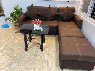  L shape brown leather with glass table