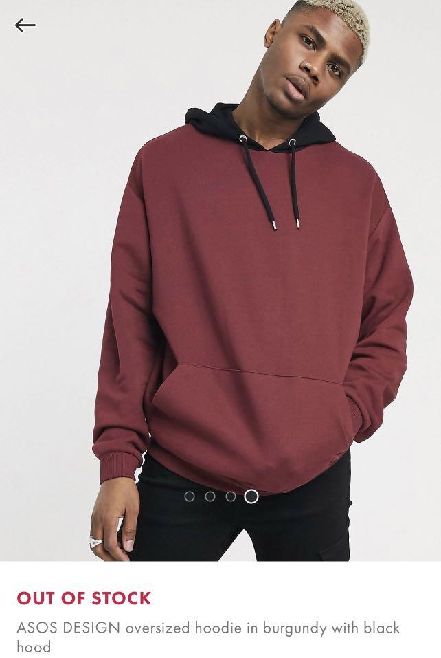 ASOS DESIGN oversized hoodie in burgundy with black hood, Men's Fashion,  Tops u0026 Sets, Hoodies on Carousell