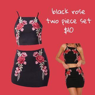 Black Rose Floral Embroided Crop Two-Piece Set