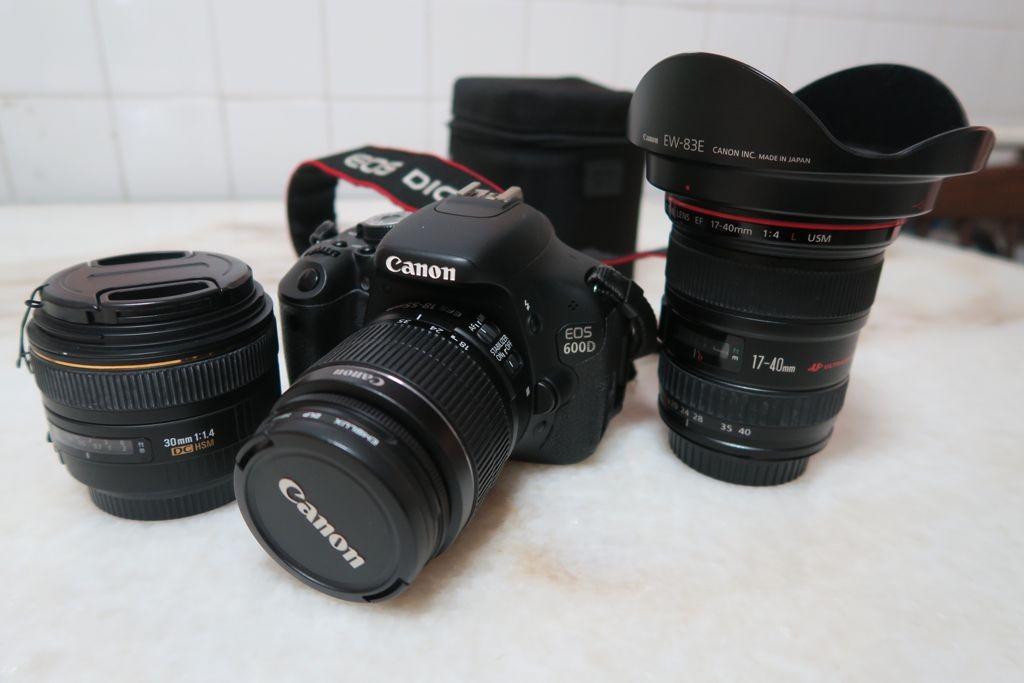 Canon 600D with kit 18-55mm, 17-40 f/4L, Sigma 30mm f/1.4 DC HSM 
