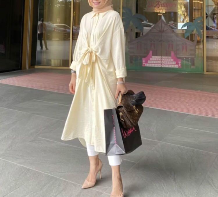 XS H M Tie Front Shirt Dress Yellow Women s Fashion Tops