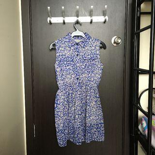 Violet Blue Floral Print Sleeveless Shirt Dress [indigo 50s vintage flower pattern]