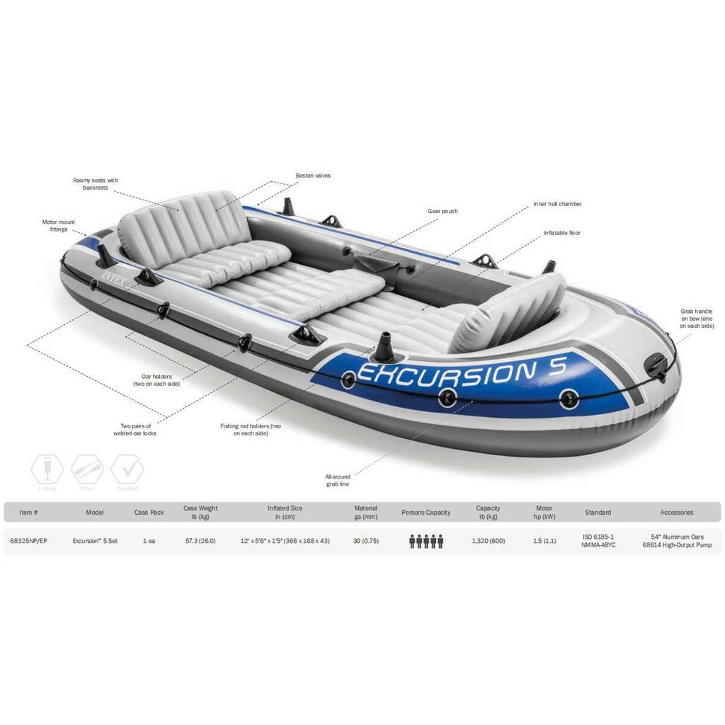 Intex Excursion 5 (Category: Fishing) located in Singapore. Submitted by win50gain50 (Listing ID 1111448136, Image 4). Description: You spend a lot of time on land, but you don't truly live until you are out on the water. The Intex Excursion 5 Person Boat Set gets you out there exploring and rowing. The Excursion 5 is ready for lots of expeditions. It's a great boat for 5 adventurists who love spending time on the water paddling, fishing, or floa
