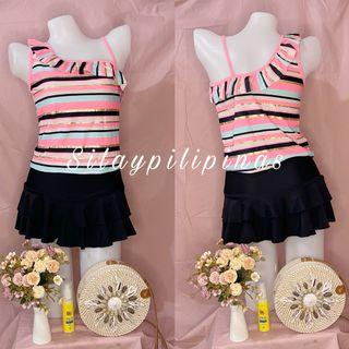 Pink and Black Stripe Tankini and Skirt Two-piece Swimsuit
