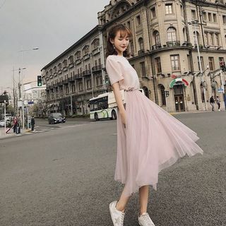 short sleeves tee & midi mesh skirt (set)629776545960991121