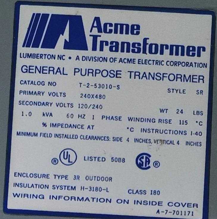 ACME Transformer (General Purpose/Stepdown) (Category: Electrical, Adaptors & Sockets) located in Cebu City. Submitted by cebu_vintage_audio (Listing ID 1111695744, Image 2). Description: Acme T253012S Transformer Primary winding: 240/480 volts AC Secondary winding: 120/240 volts AC 1000 watts/1.0 kVA single phase; 60 hertz shielded, encapsulated insulation & reverse power Made in the USA.