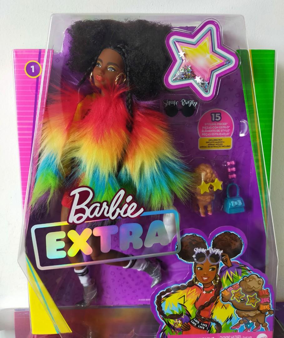 Barbie extra doll in rainbow coat with pet dog toy deals