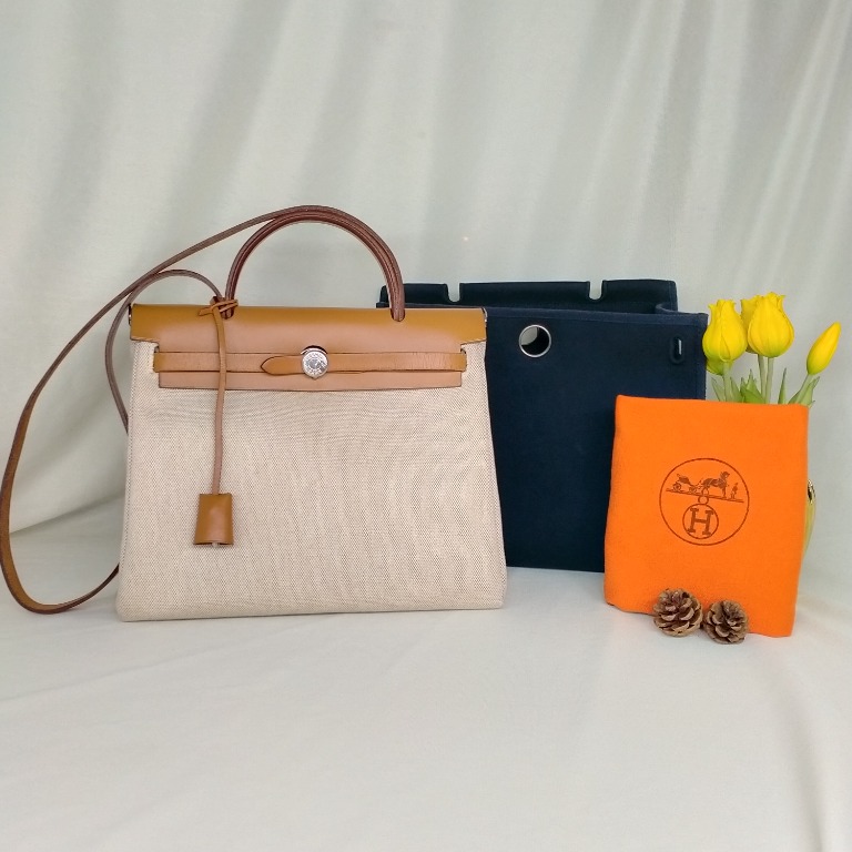 Hermes Herbag PM 2-in-1 Beige Coated Canvas & Light Brown Leather