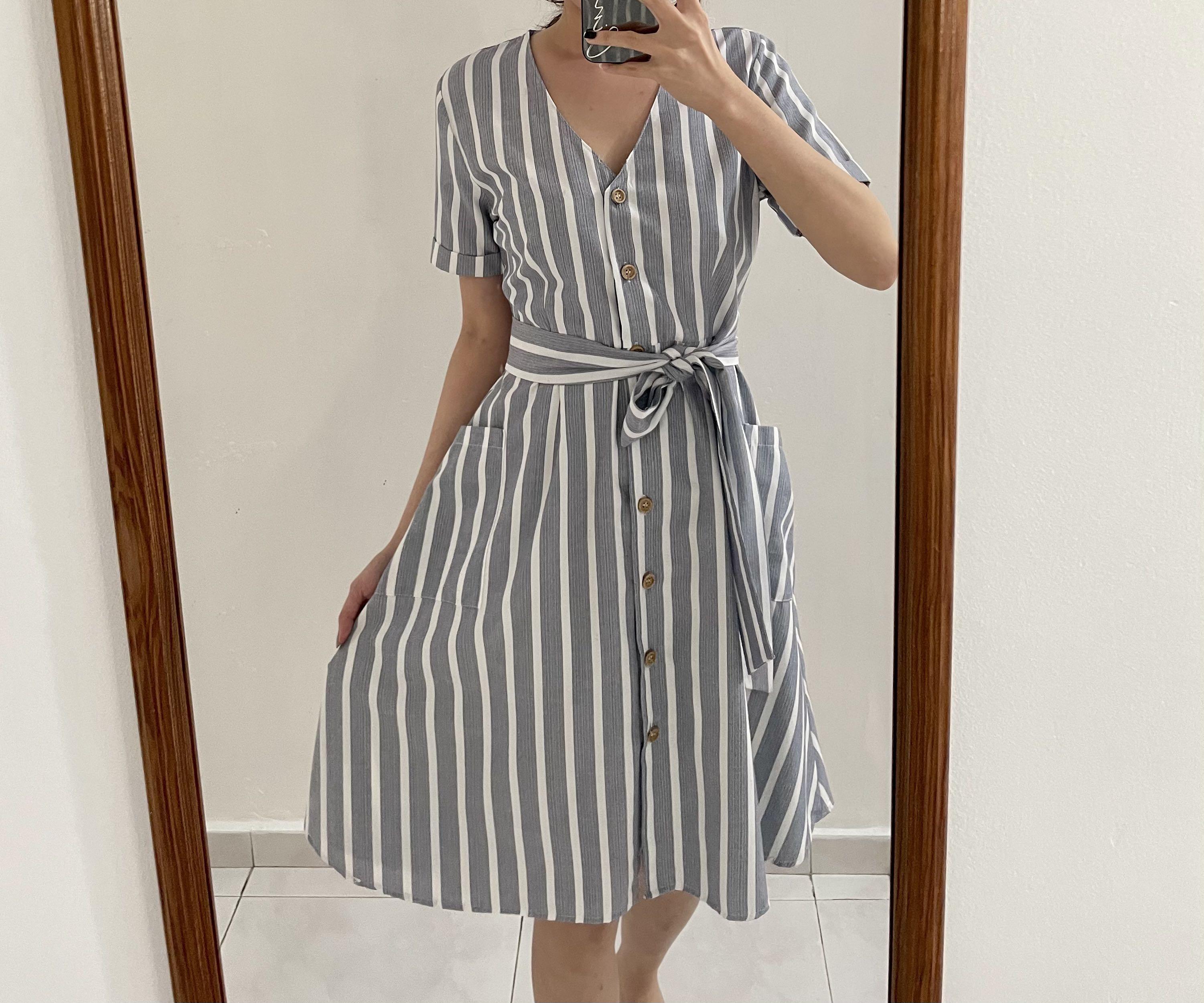 button front striped dress