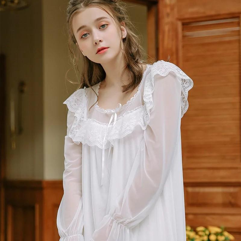 sexy nightwear dress of lace sleeping clothes ladies cotton medieval  vintage sleepwear shirt for women nightgown