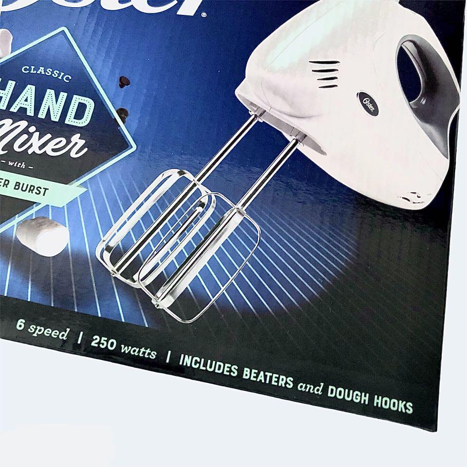 OSTER 6 SPEED HAND MIXER WITH CHROME PLATED BEATERS AND DOUGH HOOKS