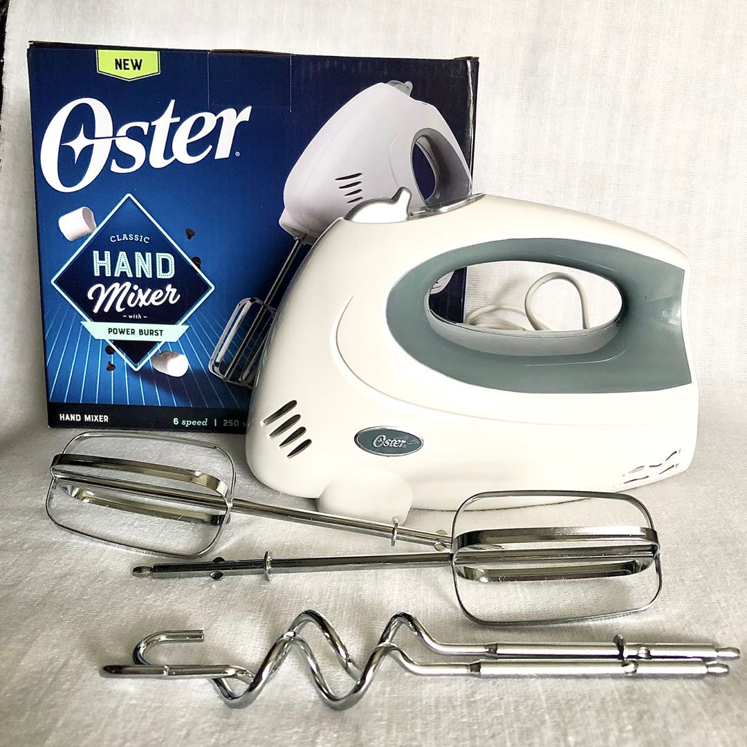 OSTER 6 SPEED HAND MIXER WITH CHROME PLATED BEATERS AND DOUGH HOOKS