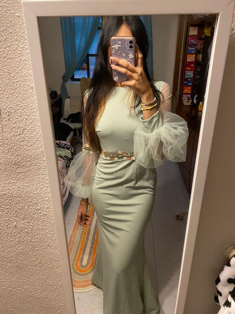 green dress gold belt A-Line Prom Dress Green Satin Off Shoulder Surplice Pleats Slit, Gold Belt