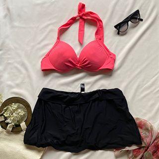 Pink halter and black skirt swimsuit