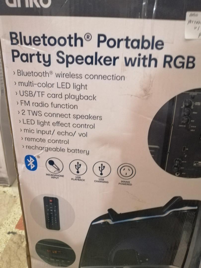 Anko Bluetooth Portable Party Speaker with RGB, Audio, Soundbars