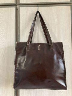 Brown Leather Tote with Contrast Stitching