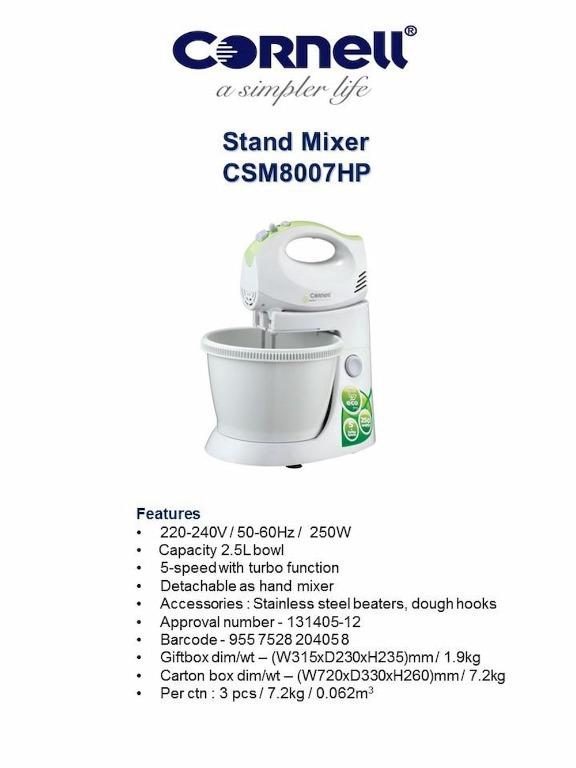 Cornell Stand Mixer 250W Kitchen Electric Cake Mixer CSM8007HP, TV